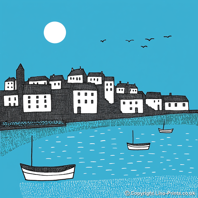 St Ives Harbour, Cornwall Linoprint-Style Art (819-1)