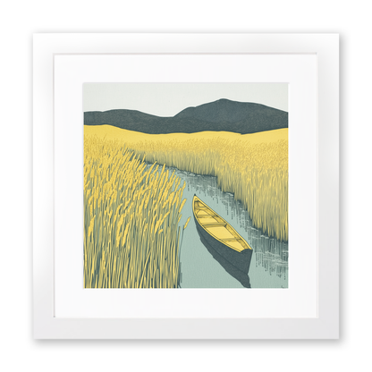 Canoe in reeds at Elterwater Linoprint-Style Art (2380-4)