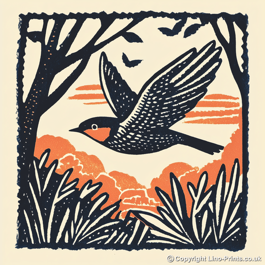 Swallow in flight Linoprint-Style Art (113-1)