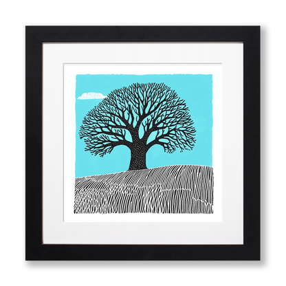 Ancient oak in a Norfolk field Linoprint-Style Art (2255-1)