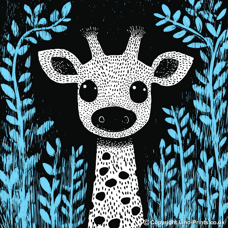 Cute Giraffe Calf Linoprint-Style Art (623-1)