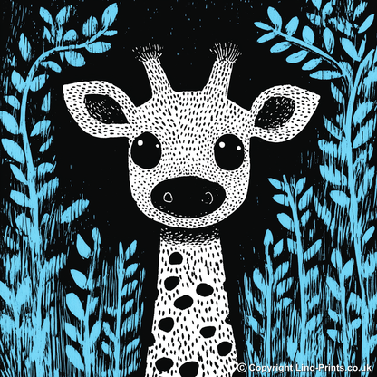 Cute Giraffe Calf Linoprint-Style Art (623-1)