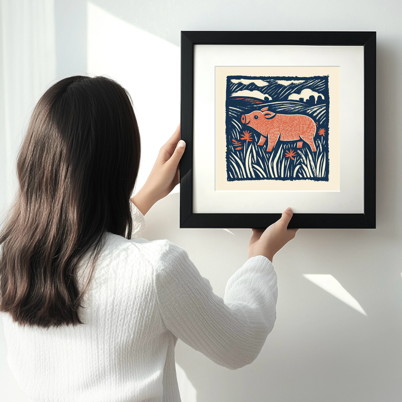 Cute Piglet Linoprint-Style Art (72-1)