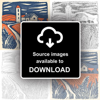 Church tower rising from flat fields Linoprint-Style Art (1969-1)