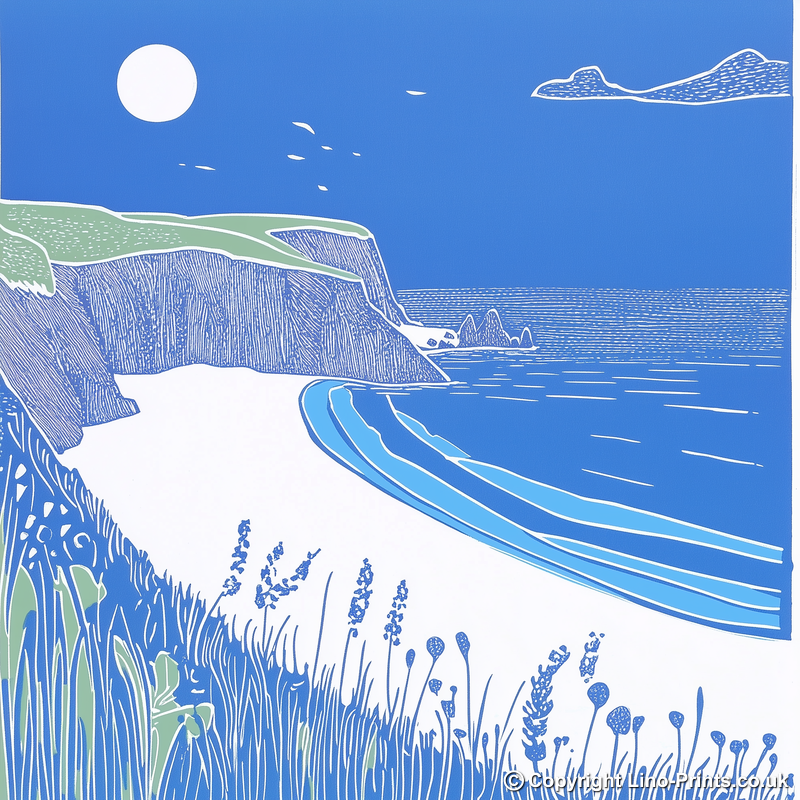 Porthcurno Beach Linoprint-Style Art (895-1)