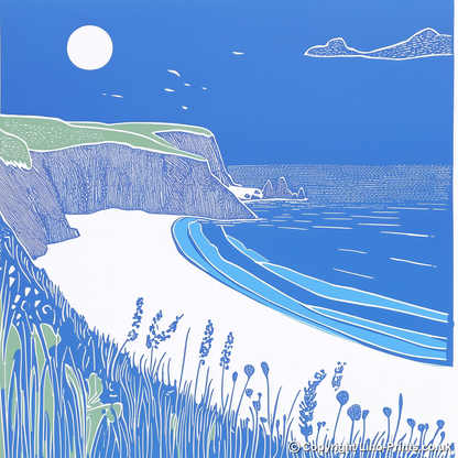 Porthcurno Beach Linoprint-Style Art (895-1)