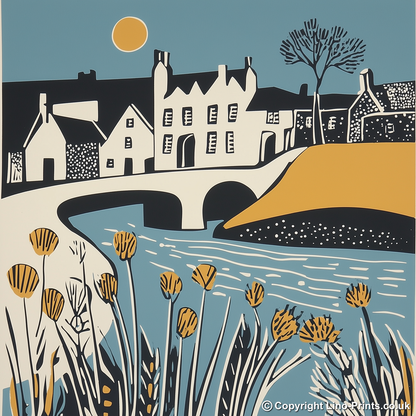 Bourton-on-the-Water, Cotswolds Linoprint-Style Art (1130-1)