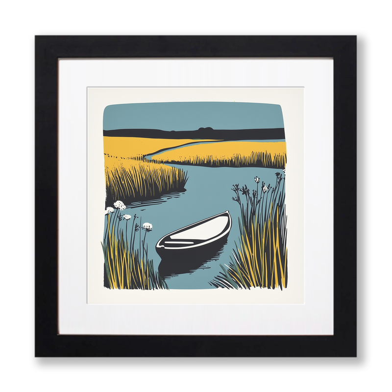 Norfolk Broads boat on still water Linoprint-Style Art (1909-1)