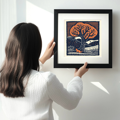 Oak tree with squirrel Linoprint-Style Art (102-1)