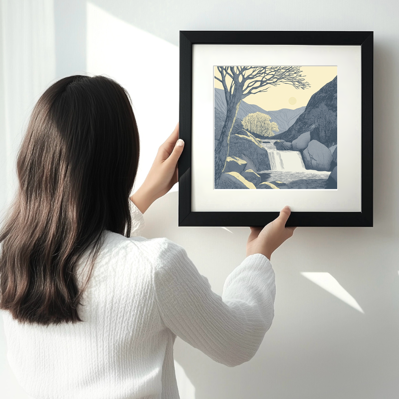 Skelwith Force cascade Linoprint-Style Art (2547-1)