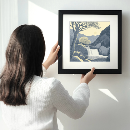 Skelwith Force cascade Linoprint-Style Art (2547-1)