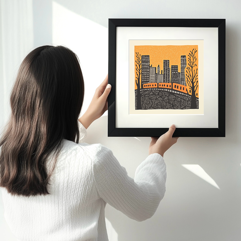 Chicago elevated train tracks Linoprint-Style Art (169-1)