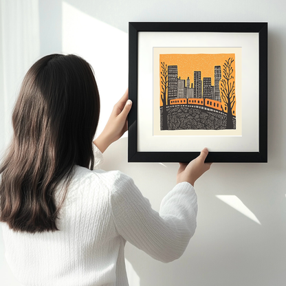 Chicago elevated train tracks Linoprint-Style Art (169-1)
