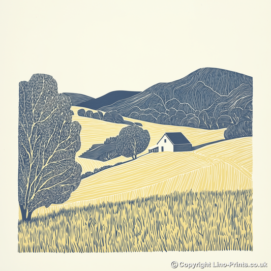 Farmstead nestled in valley Linoprint-Style Art (2423-1)