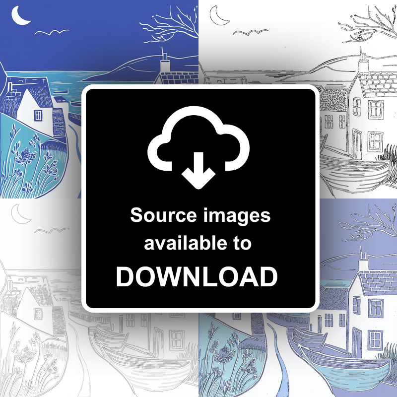 Coverack, Cornwall Linoprint-Style Art (1084-1)