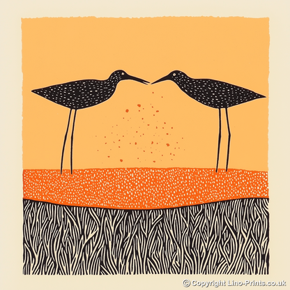 Redshanks feeding at the edge Linoprint-Style Art (2119-1)