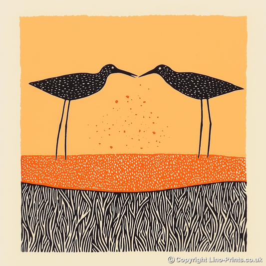 Redshanks feeding at the edge Linoprint-Style Art (2119-1)