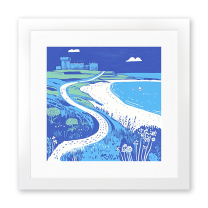 Bamburgh Beach and Castle, Northumberland Linoprint-Style Art (1076-1)