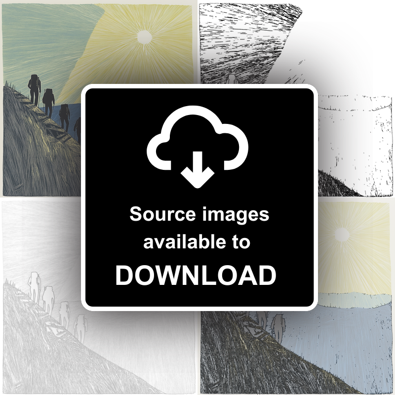 Hikers on a ridge silhouette Linoprint-Style Art (2456-2)