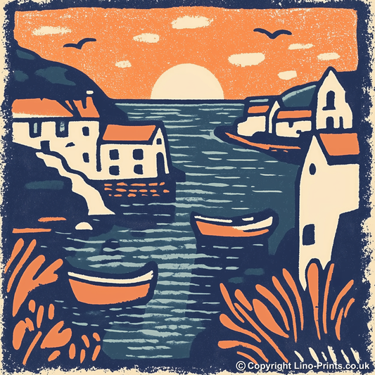 Port Isaac, Cornwall Linoprint-Style Art (145-2)