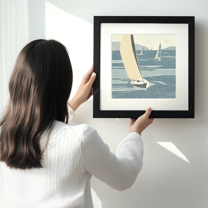 Sailing yachts racing Linoprint-Style Art (2531-1)
