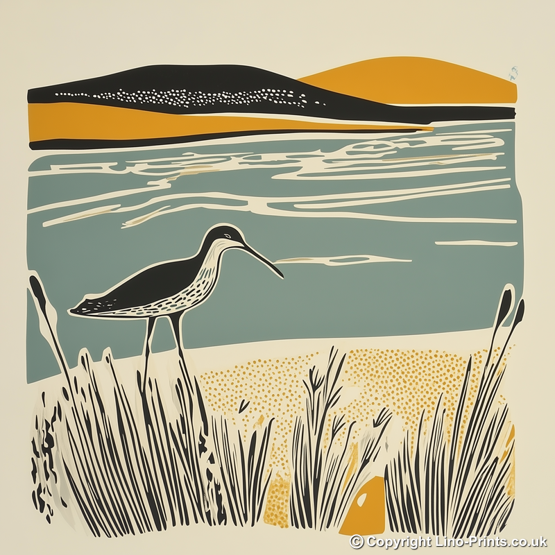 Curlew calling in the shallows Linoprint-Style Art (1878-1)