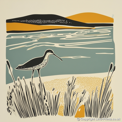 Curlew calling in the shallows Linoprint-Style Art (1878-1)