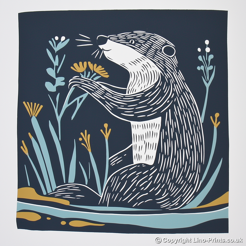 Cute Baby Beaver Linoprint-Style Art (1191-1)