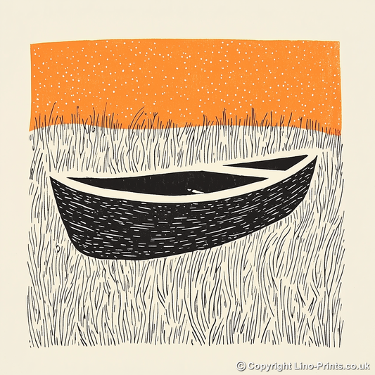 Beached dinghy in the mud Linoprint-Style Art (2059-1)