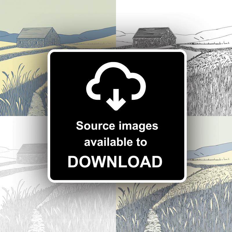 Isolated stone barn in field Linoprint-Style Art (2462-1)