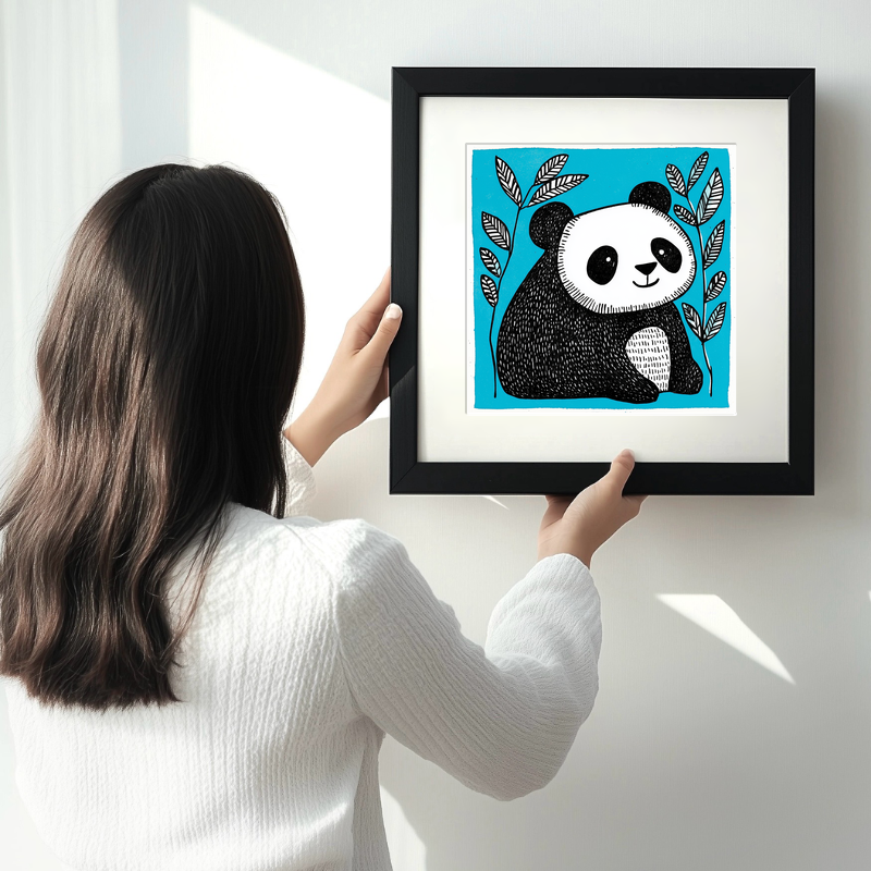 Cute Panda Cub (Giant Panda) Linoprint-Style Art (635-1)