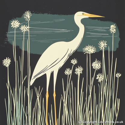Egret stalking in the reeds Linoprint-Style Art (1882-1)