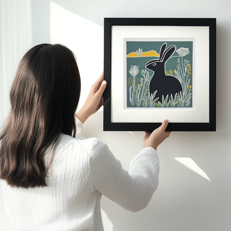 Cute Bunny Linoprint-Style Art (1194-1)