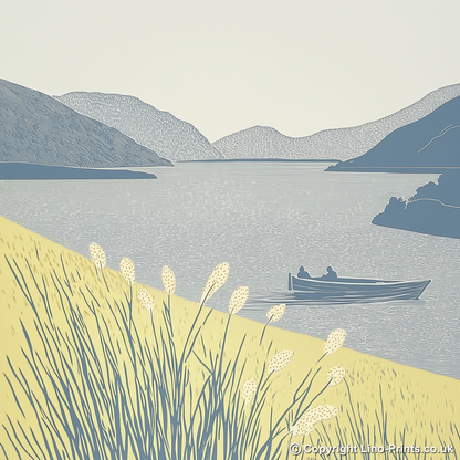 Coniston launch near Brantwood shore Linoprint-Style Art (2391-1)