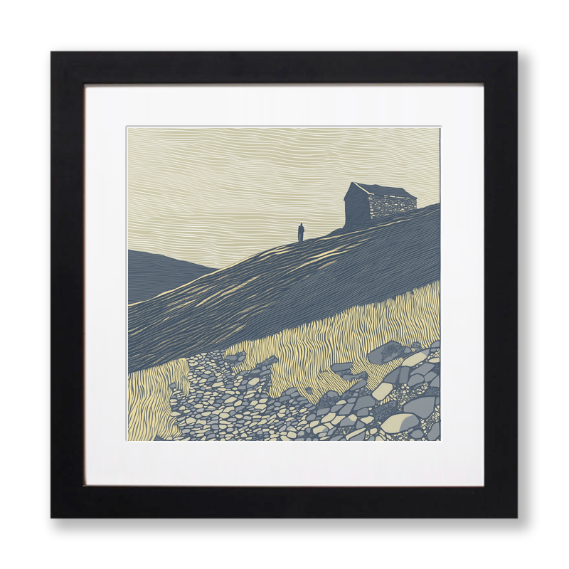 Ruin silhouette on a fellside Linoprint-Style Art (2525-2)