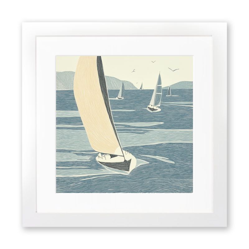 Sailing yachts racing Linoprint-Style Art (2531-1)