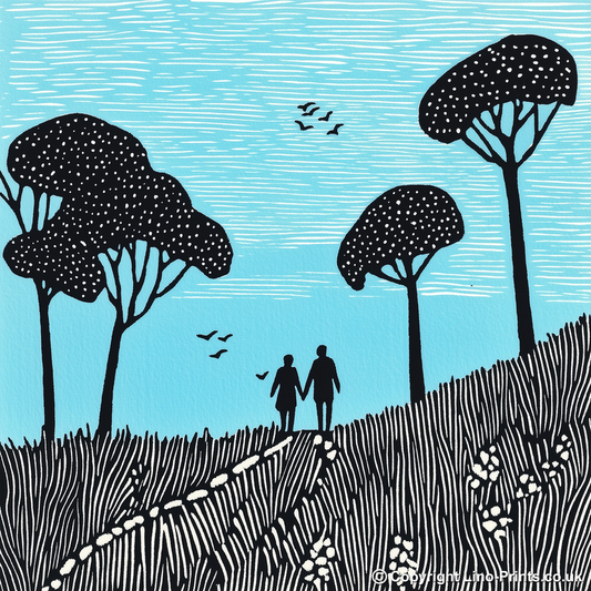 Coastal path walkers with backpacks Linoprint-Style Art (2271-1)