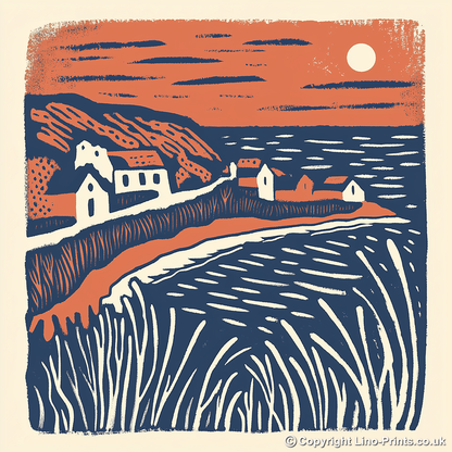 Bigbury-on-Sea and Burgh Island, Devon Linoprint-Style Art (125-1)