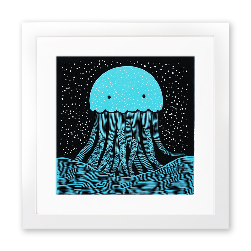 Jellyfish drifting in deep water Linoprint-Style Art (719-1)