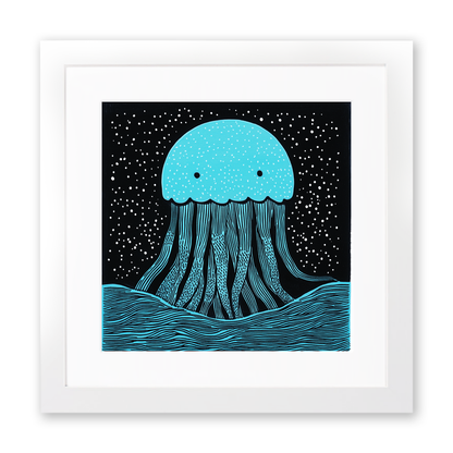 Jellyfish drifting in deep water Linoprint-Style Art (719-1)