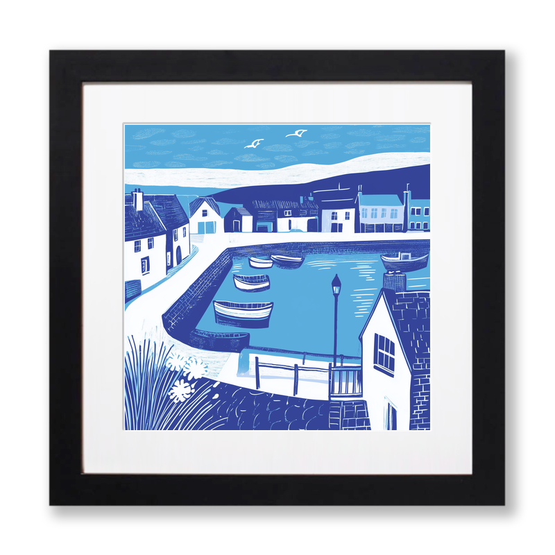 Seahouses Harbour, Northumberland Linoprint-Style Art (1107-1)