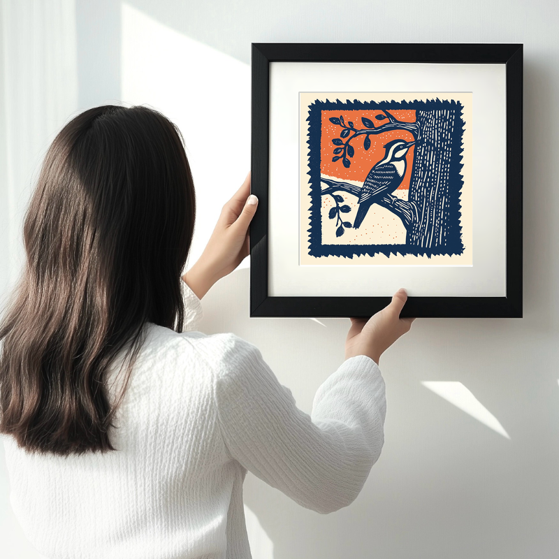 Woodpecker on tree trunk Linoprint-Style Art (118-2)