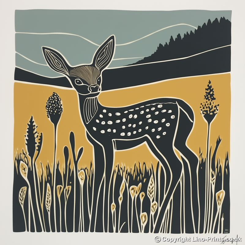 Cute Fawn (Baby Deer)   Linoprint-Style Art (1202-1)