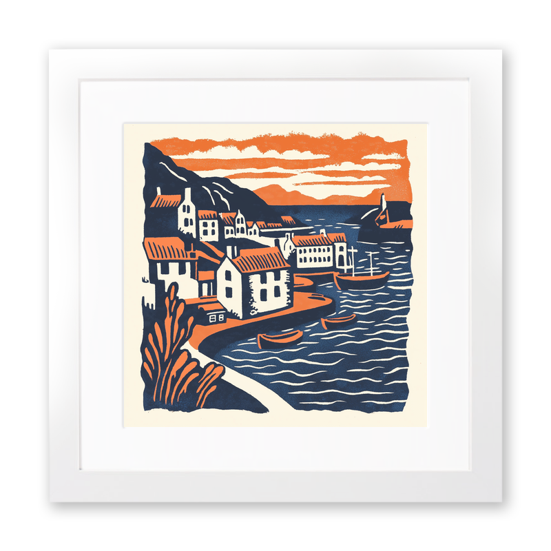 Portree Harbour, Isle of Skye Linoprint-Style Art (148-1)