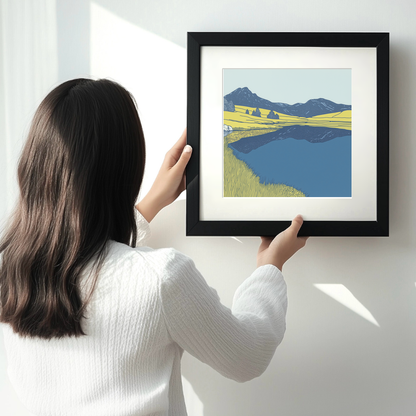 Blea Tarn reflections of Langdales Linoprint-Style Art (2362-1)