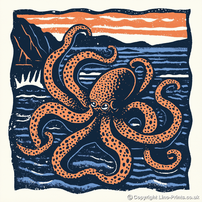 Octopus with swirling tentacles Linoprint-Style Art (508-1)