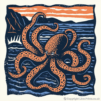 Octopus with swirling tentacles Linoprint-Style Art (508-1)