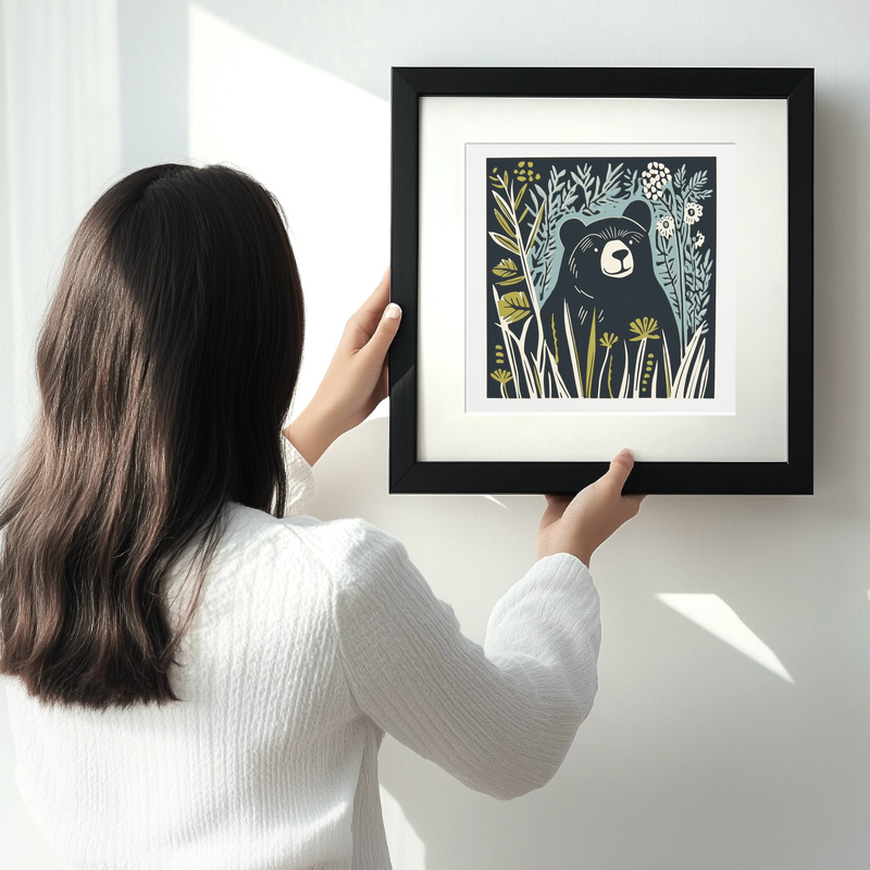 Cute Bear Cub Linoprint-Style Art (1193-2)