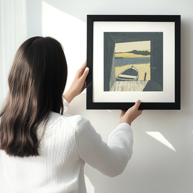 Boat inside open boathouse Linoprint-Style Art (2368-1)