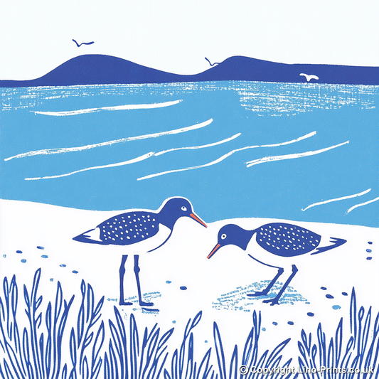 Redshanks feeding at the edge Linoprint-Style Art (1819-1)